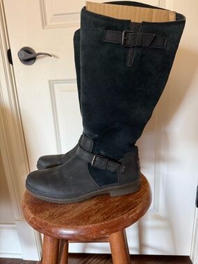 Women’s Tall Black Suede & Leather Buckle Boots